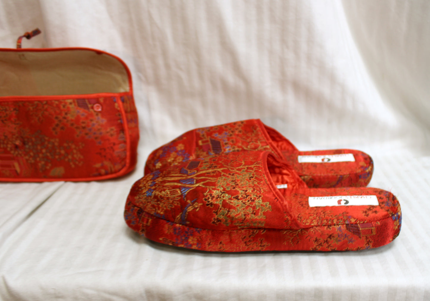 Vintage - Charles Jourdan - Red "Satin Scuff" House Shoes Size XL (11) w/ Case