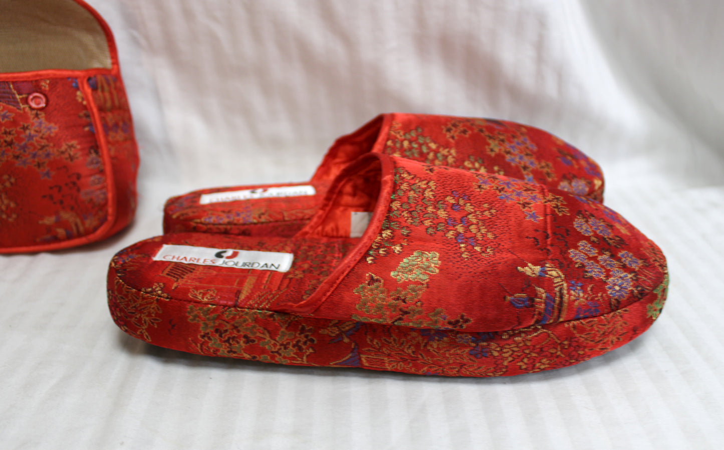Vintage - Charles Jourdan - Red "Satin Scuff" House Shoes Size XL (11) w/ Case