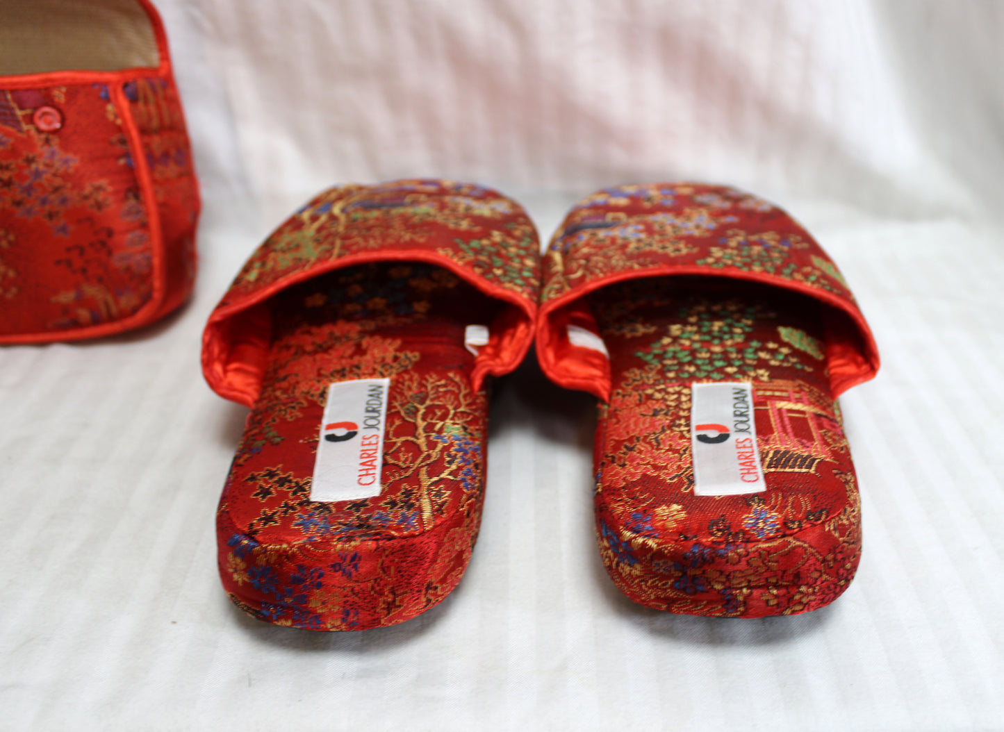 Vintage - Charles Jourdan - Red "Satin Scuff" House Shoes Size XL (11) w/ Case