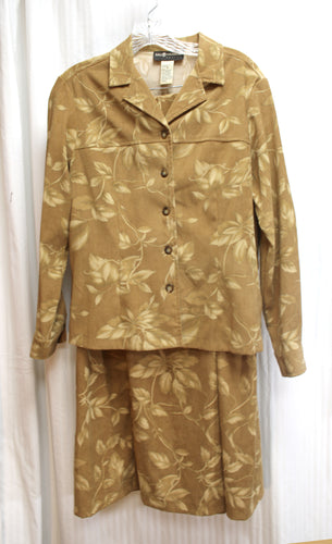 Vintage - Sag Harbor - 2PC Brown Leaf & Vine Print Faux Micro Suede Shirt & Maxi Skirt - Size 8 (Vintage See Measurements 29.5