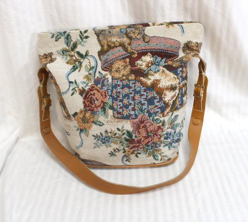 Vintage - Kitten, Puppy & Floral Tapestry Bag w/ Leather Strap