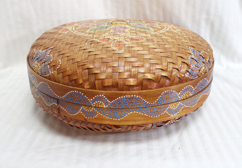 Hand Painted Bohemian Wicker Round Decorative Lidded Backet -14
