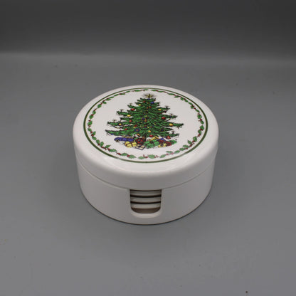 Set of Six Christmas Tree Coaster with a Round Box
