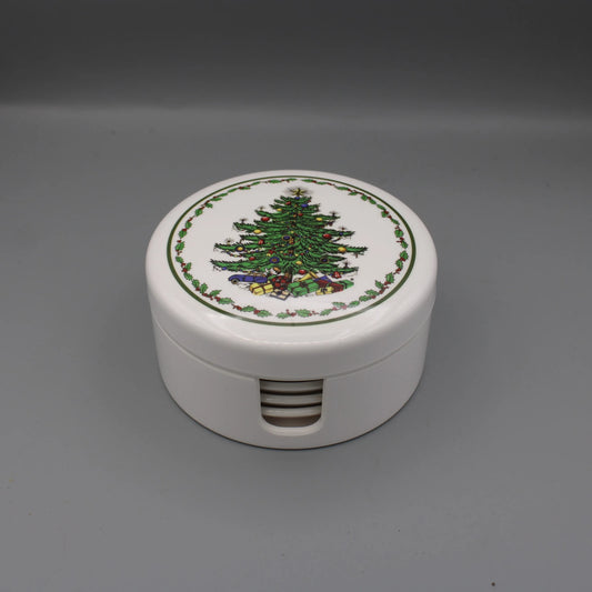 Set of Six Christmas Tree Coaster with a Round Box