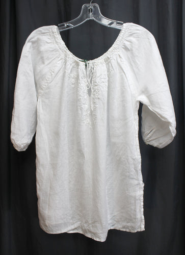 Lauren, Ralph Lauren - Embroidered White Linen Wide Drawstring Neckline, 1/2 Sleeve Peasant Top - Size: M Petite