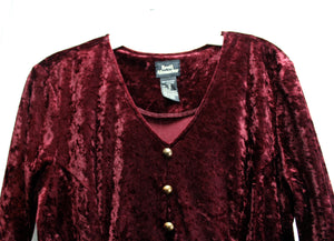 Vintage - Brett Alixander - Burgundy Velvet V-Neck Long Sleeve Midi Dress  - Size 12 (vintage sizing)