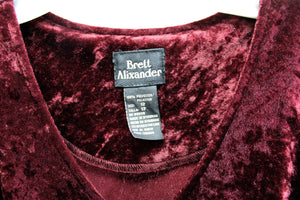 Vintage - Brett Alixander - Burgundy Velvet V-Neck Long Sleeve Midi Dress  - Size 12 (vintage sizing)