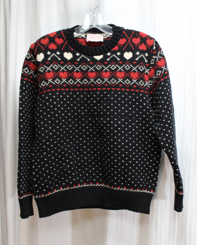 Vintage - Reminiscence by Stewart Richer - 100% Wool, Black, White & Red Heart Motif Fair Isle Sweater - Size M