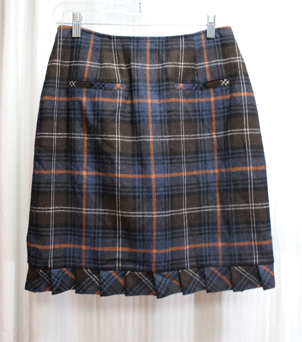 cAbi - Brown, Blue Gray & Orange Wool Blend Plaid Pleated Ruffle Hem Skirt - Size 6