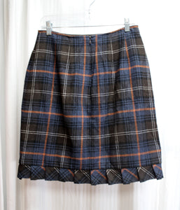 cAbi - Brown, Blue Gray & Orange Wool Blend Plaid Pleated Ruffle Hem Skirt - Size 6