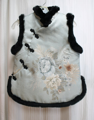 Asian Style Floral Jacquard w/ Frog Closures & Frim Trim Vest - Size S (approx, See Measurements)