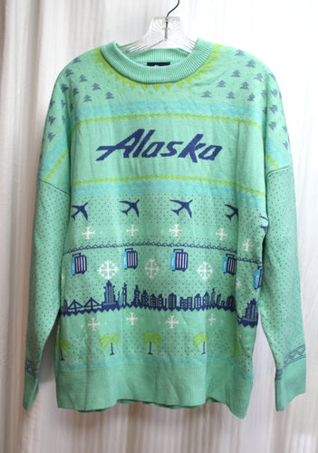 Vintage - Alaska Airlines - Unisex Green Winter Pattern Planes & Luggage Pattern Pullover Sweater - Size 2XL