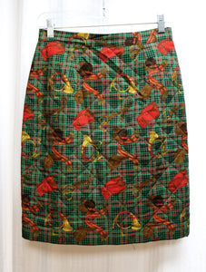 Vintage - Marisa Monti (Italy) - English Fox Hunt Motif Print Green Plaid Pencil Skirt - 26" Waist