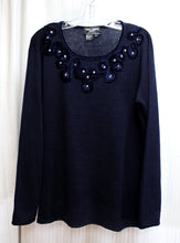 Load image into Gallery viewer, Saint Tropez West, Carol Little - Navy Blue Boat Neck Sweater w/ Velvet Trim &amp; Ribbon Applique w/ Flower Rhinestones - Size L