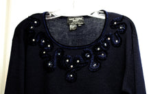 Load image into Gallery viewer, Saint Tropez West, Carol Little - Navy Blue Boat Neck Sweater w/ Velvet Trim &amp; Ribbon Applique w/ Flower Rhinestones - Size L