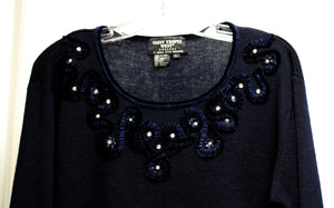 Saint Tropez West, Carol Little - Navy Blue Boat Neck Sweater w/ Velvet Trim & Ribbon Applique w/ Flower Rhinestones - Size L