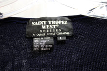 Load image into Gallery viewer, Saint Tropez West, Carol Little - Navy Blue Boat Neck Sweater w/ Velvet Trim &amp; Ribbon Applique w/ Flower Rhinestones - Size L