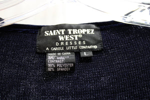 Saint Tropez West, Carol Little - Navy Blue Boat Neck Sweater w/ Velvet Trim & Ribbon Applique w/ Flower Rhinestones - Size L