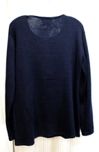 Load image into Gallery viewer, Saint Tropez West, Carol Little - Navy Blue Boat Neck Sweater w/ Velvet Trim &amp; Ribbon Applique w/ Flower Rhinestones - Size L
