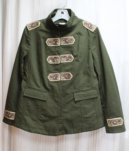 Chicos - Green Military Inspired Jacket w/ Embroidered Paisley Applique Patches - Size 0 ( Chico's Sizing =Small/4)