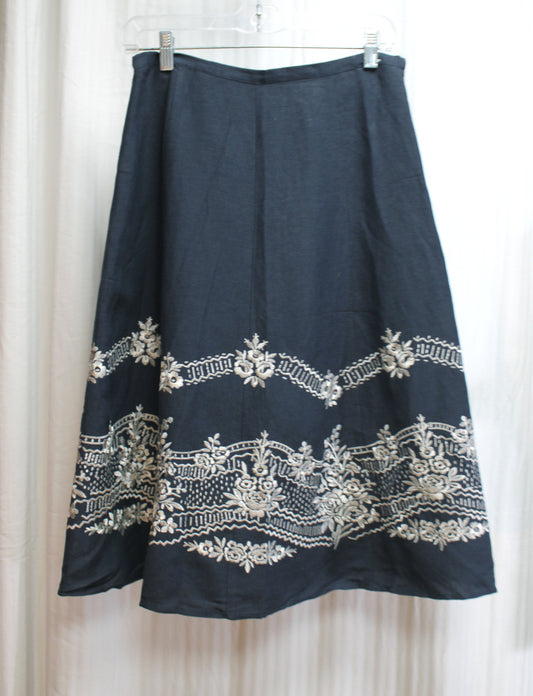Vintage - Carole Little - Dark Blue w/ Pearl Gray Floral Embroidery Skirt - Size 27" Waist