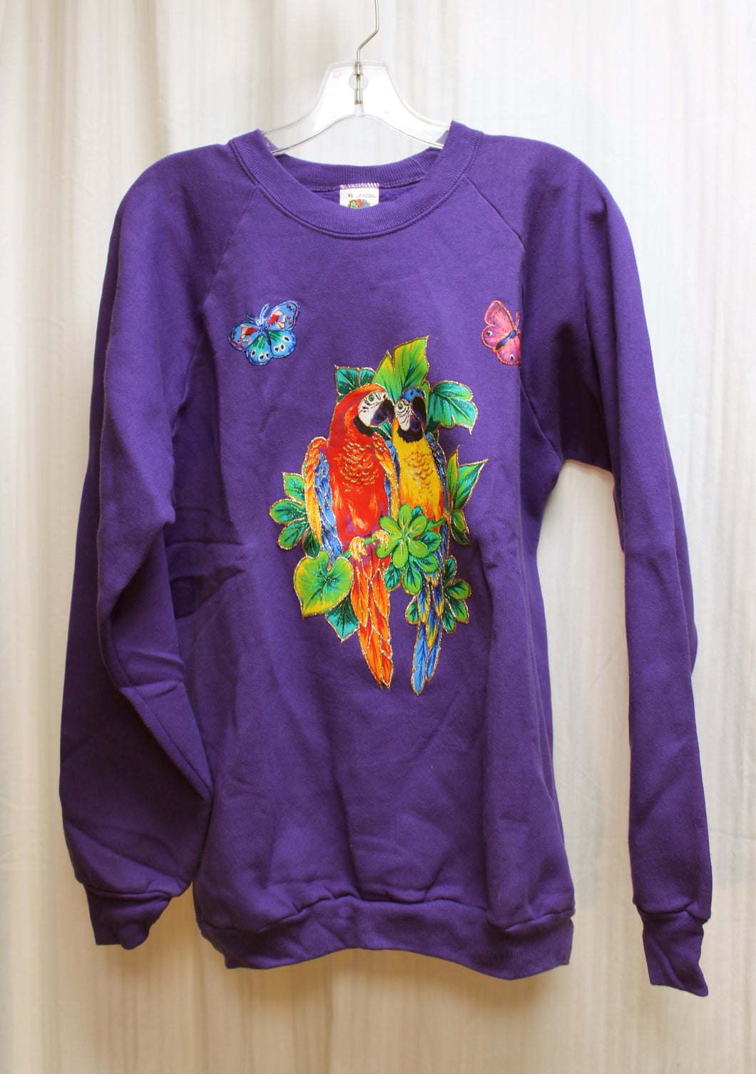 Vintage 90's - Purple Pullover Sweatshirt w/ Parrots & Butterflies w/ Glitter Outlines - Size XL