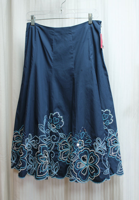 Sunny Leigh -- Cotton Lasercut Blue Embroidered & Beaded Hem Full Skirt - Size 6 (w/ Tag)