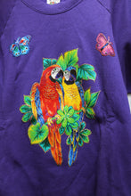 Load image into Gallery viewer, Vintage 90&#39;s - Purple Pullover Sweatshirt w/ Parrots &amp; Butterflies w/ Glitter Outlines - Size XL