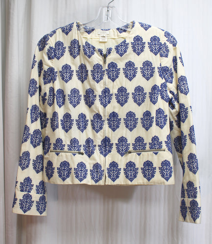 J. Crew - Ivory w/ Blue All Over Embroidery  Cotton Collarless Jacket - Size 6