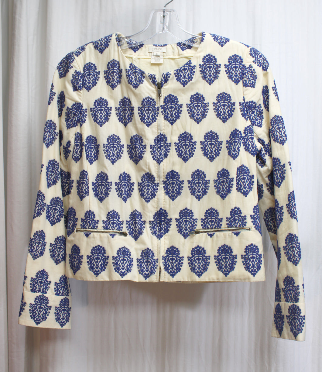 J. Crew - Ivory w/ Blue All Over Embroidery  Cotton Collarless Jacket - Size 6