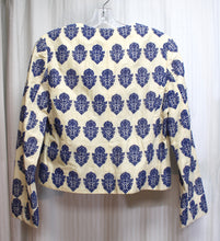 Load image into Gallery viewer, J. Crew - Ivory w/ Blue All Over Embroidery  Cotton Collarless Jacket - Size 6