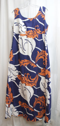 Vintage 1960's - Alfred Shaheen, Waikiki Hawaii - Sleeveless Blue, White & Orange Scroll Botanical Print Empire Waist Maxi Dress w/ Box Pleats Back - See Measurements 33