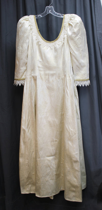 Vintage - Handmade Metallic Gold & Cream Jacquard Scoop Neck Puff Sleeve Princess Gown w/ Pointed Lace Trim - See Measurements 30" Waist