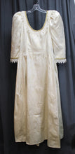 Load image into Gallery viewer, Vintage - Handmade Metallic Gold &amp; Cream Jacquard Scoop Neck Puff Sleeve Princess Gown w/ Pointed Lace Trim - See Measurements 30&quot; Waist