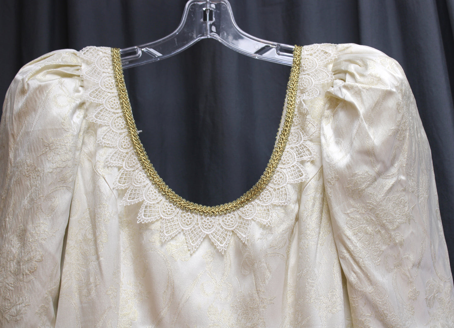 Vintage - Handmade Metallic Gold & Cream Jacquard Scoop Neck Puff Sleeve Princess Gown w/ Pointed Lace Trim - See Measurements 30" Waist