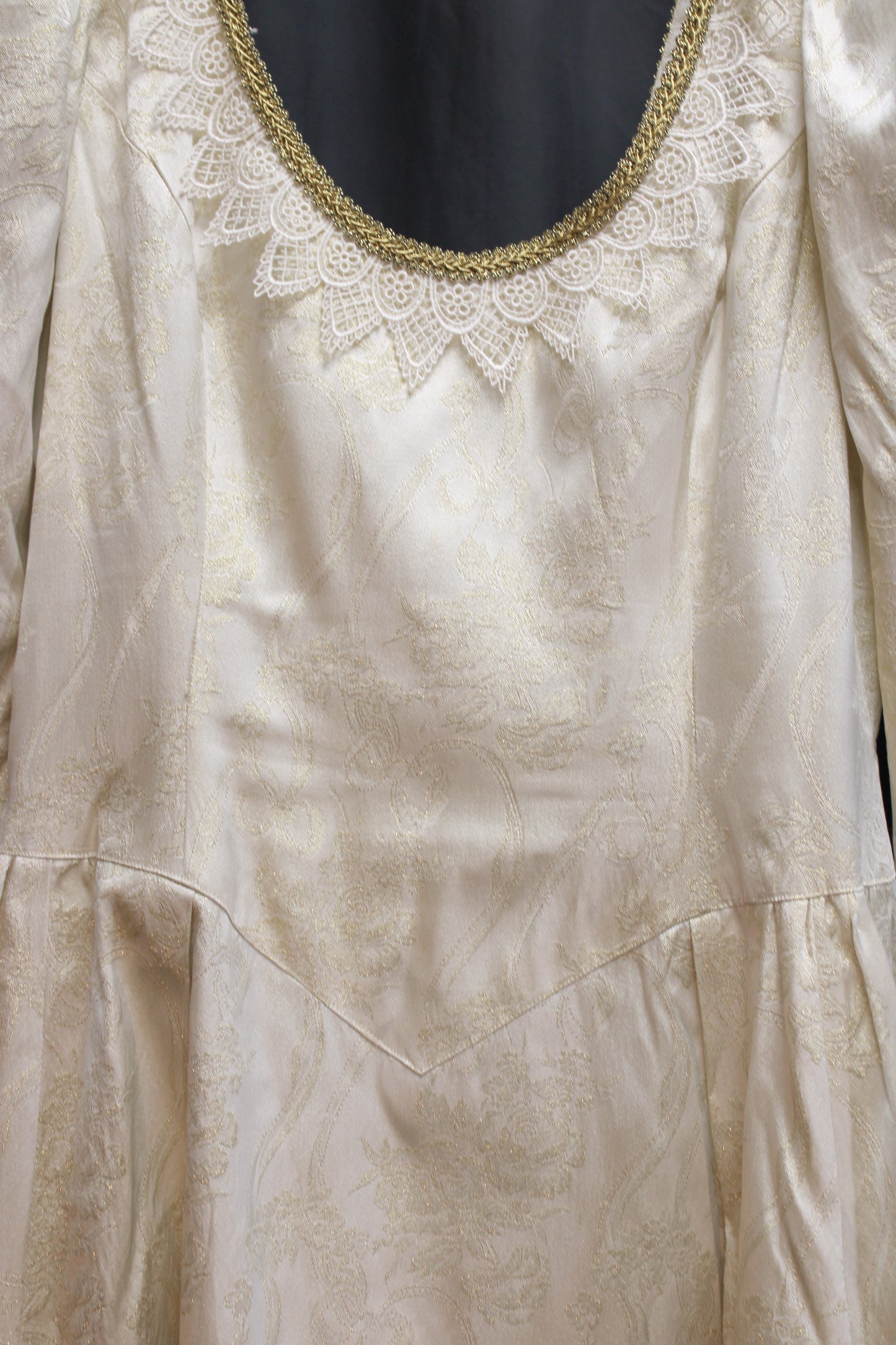 Vintage - Handmade Metallic Gold & Cream Jacquard Scoop Neck Puff Sleeve Princess Gown w/ Pointed Lace Trim - See Measurements 30" Waist