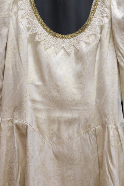 Vintage - Handmade Metallic Gold & Cream Jacquard Scoop Neck Puff Sleeve Princess Gown w/ Pointed Lace Trim - See Measurements 30" Waist