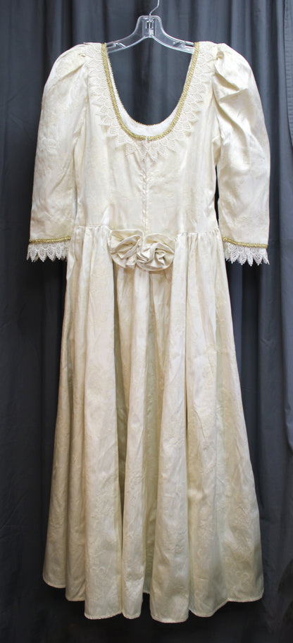 Vintage - Handmade Metallic Gold & Cream Jacquard Scoop Neck Puff Sleeve Princess Gown w/ Pointed Lace Trim - See Measurements 30" Waist