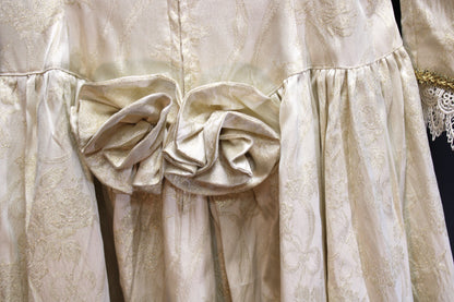 Vintage - Handmade Metallic Gold & Cream Jacquard Scoop Neck Puff Sleeve Princess Gown w/ Pointed Lace Trim - See Measurements 30" Waist
