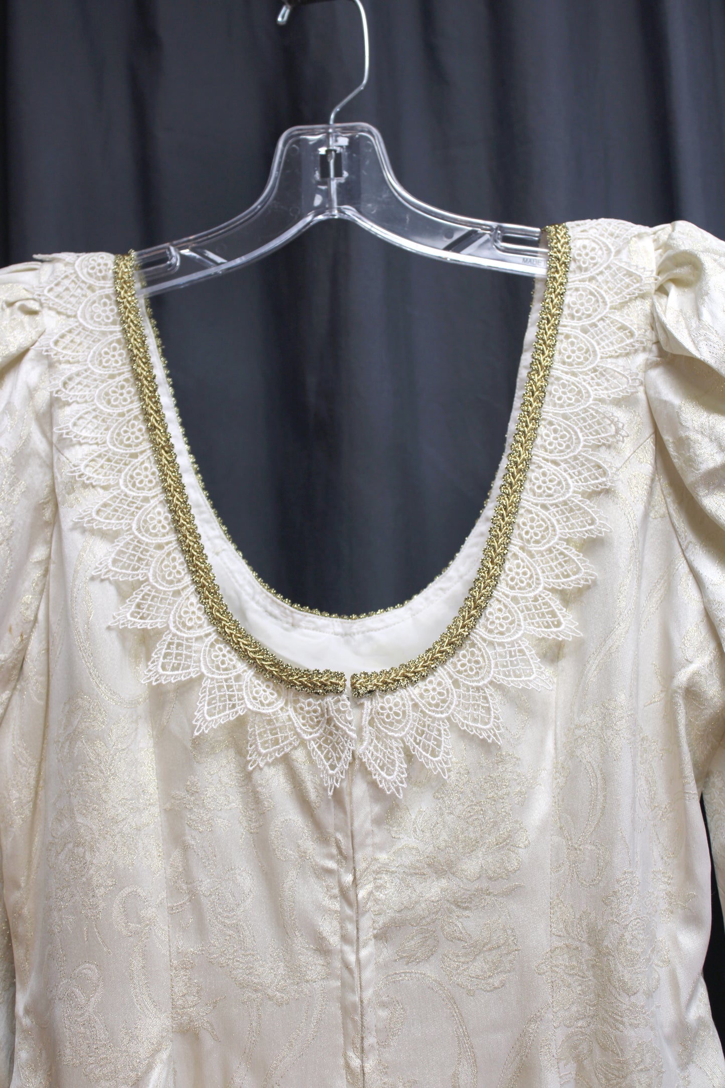 Vintage - Handmade Metallic Gold & Cream Jacquard Scoop Neck Puff Sleeve Princess Gown w/ Pointed Lace Trim - See Measurements 30" Waist