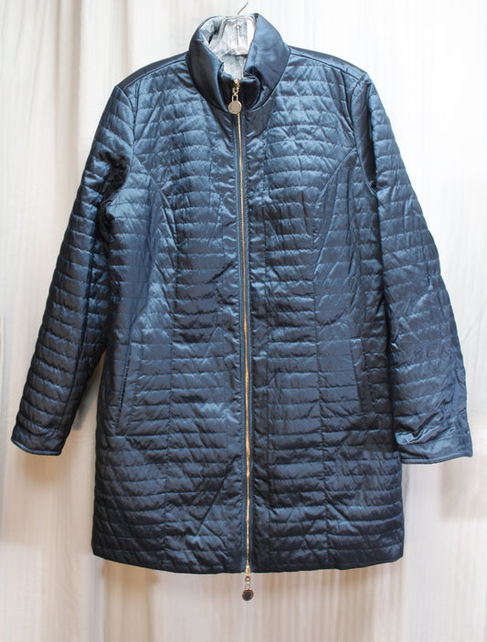 Dennis by Dennis Basso - Blue & Abstract Circle Logo Print Reversible Quilted Coat - Size M