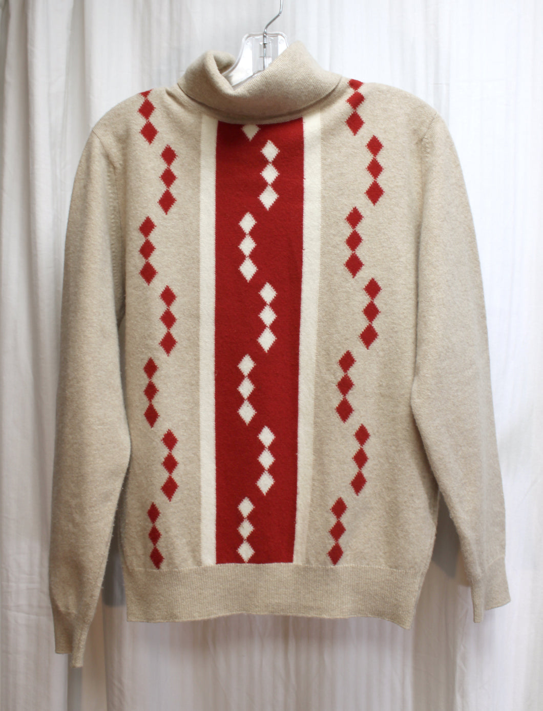 Vintage - Pringle of Scotland - Tan & Rust Diamond Patterned Pull Over Turtleneck Sweater - Approx Small (See Measurements)