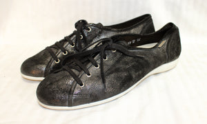 Women's- Mephisto - Black & Metallic Silver Suede Sneakers - Size UK 7.5 (US 10)