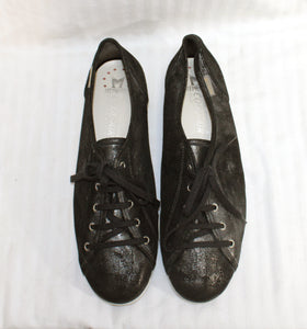 Women's- Mephisto - Black & Metallic Silver Suede Sneakers - Size UK 7.5 (US 10)