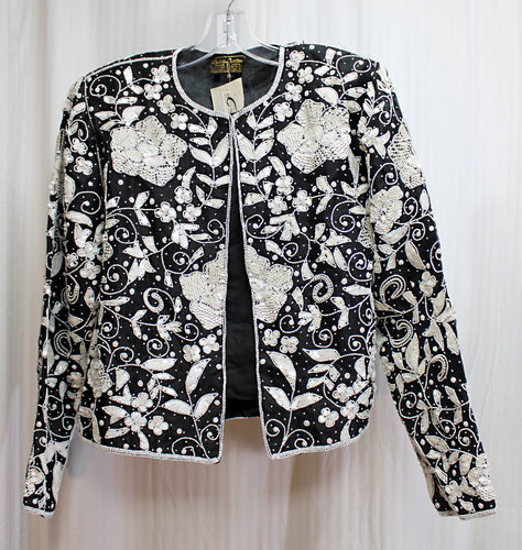 Vintage - Creative Creations - Black Silk w/ Pearlescent White Sequins & Beading Floral Jacket - Size S