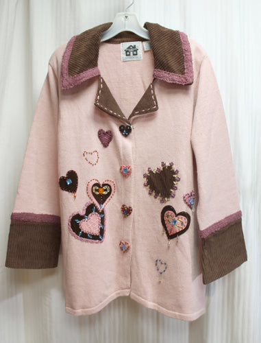 Storybook Knits - Whimsical Pink & Brown, Hearts Applique & Bead. Embroidery Embellishments Cardigan Sweater w/ Corduroy Accents - Size 1XL
