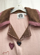 Load image into Gallery viewer, Storybook Knits - Whimsical Pink &amp; Brown, Hearts Applique &amp; Bead. Embroidery Embellishments Cardigan Sweater w/ Corduroy Accents - Size 1XL