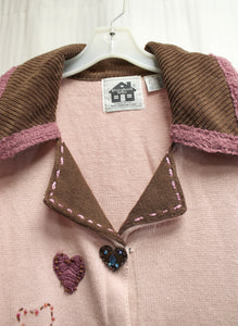 Storybook Knits - Whimsical Pink & Brown, Hearts Applique & Bead. Embroidery Embellishments Cardigan Sweater w/ Corduroy Accents - Size 1XL