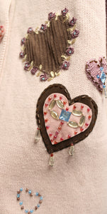 Storybook Knits - Whimsical Pink & Brown, Hearts Applique & Bead. Embroidery Embellishments Cardigan Sweater w/ Corduroy Accents - Size 1XL