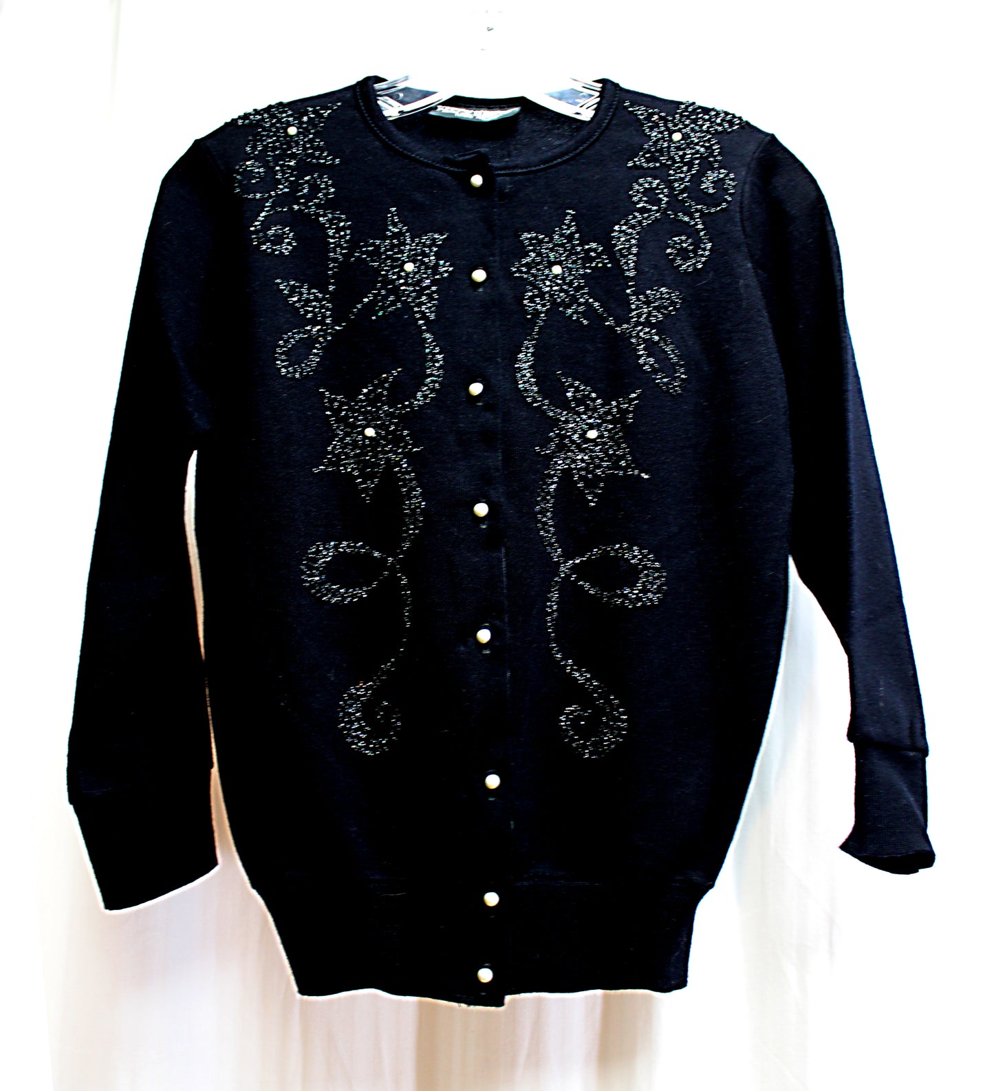 Vintage - Kitty Hawk - Black 3/4th Sleeve Crystal Encrusted w/ Pearl Accents Cardigan Sweater - Size S